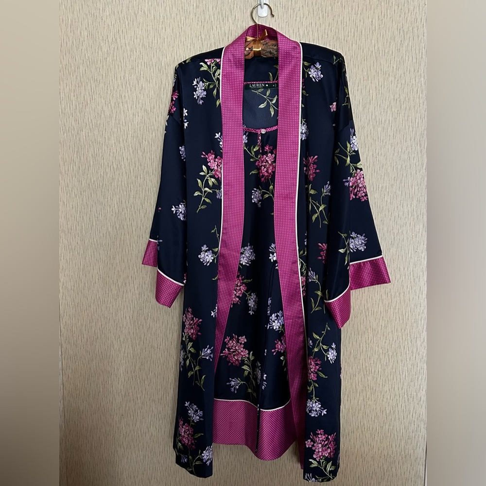 Lauren Ralph Lauren Womens Robe Nightgown Blue Floral Satin Set Size Medium
